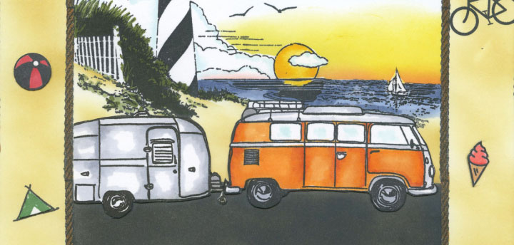 RSM 232 Cover Issue. An orange micro bus pulling a camping trailer in front of a lighthouse at sunset