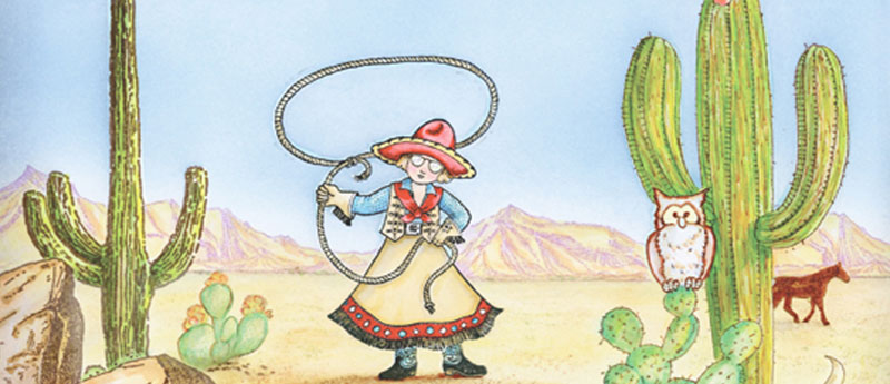 A cowgirl twirling a lasso in the deserts with cacti