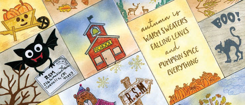 RSM Issue 233 Cover. Fall images, such as a school, a bat and a turkey displayed in a quilt pattern.