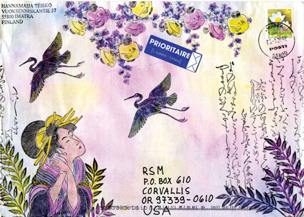 An envelope with a purple and yellow watercolor background, stamped with cranes, plants, lanterns, and Asian woman in traditional clothing 