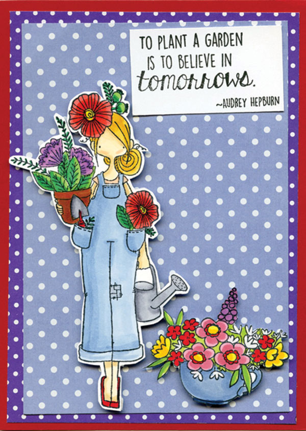 A stamped woman in overalls holding flowers and waterman. She is on background of white polka dots on purple