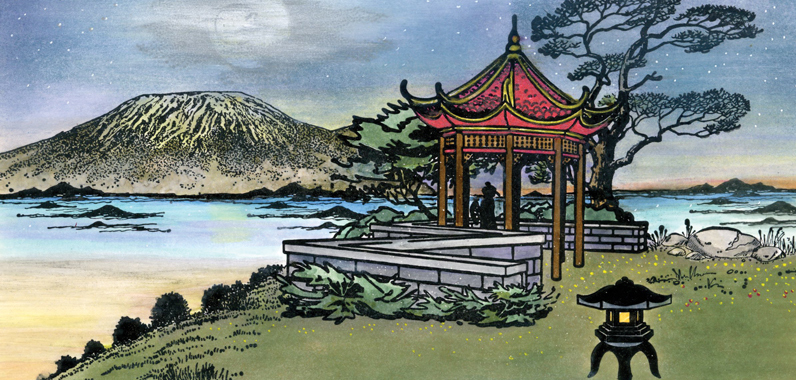 A red pagoda on a grassy hill on above a beach on the water with a mountain in the background