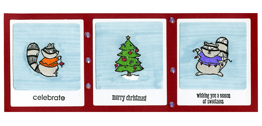 three squares with images of a racoon with an ornament, a Christmas tree and a racoon with a string of Christmas lights