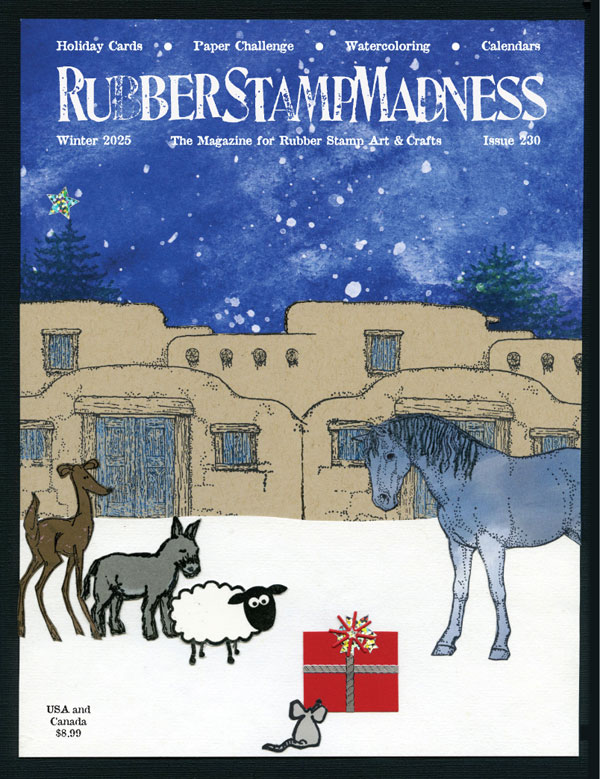 Sheep, goat, deer, mouse and horse in snowy scene looking at a present wrapped in red paper on a starry night