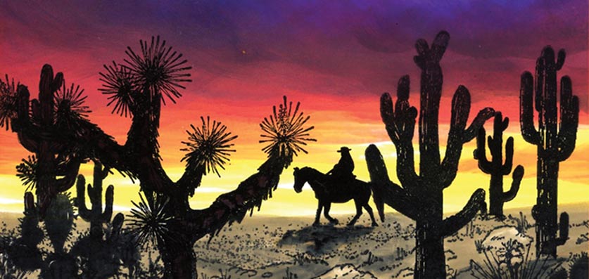 sunset with a horse and rider with Joshua Trees in the foreground