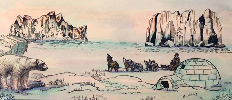 A snowy scene with crags in the background and an igloo, a polar bear an dog see in the foreground