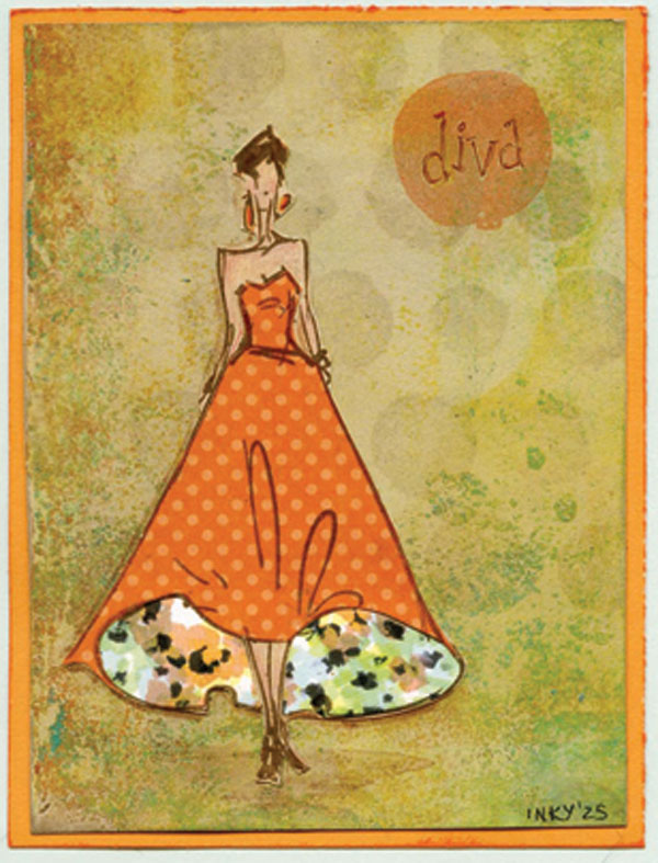 ink drawing woman in orange strapless dress with a green background