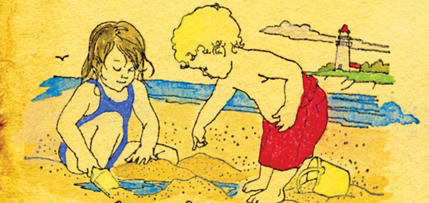 A coloured in line drawing a little girl and boy playing in the sand