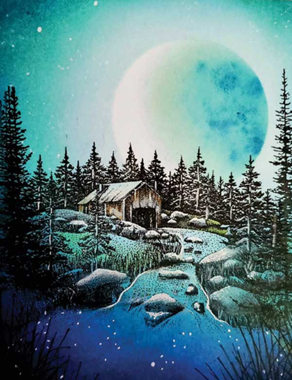 Stamp-Art-Gallery-inside A cabin on river with big moon in the sky