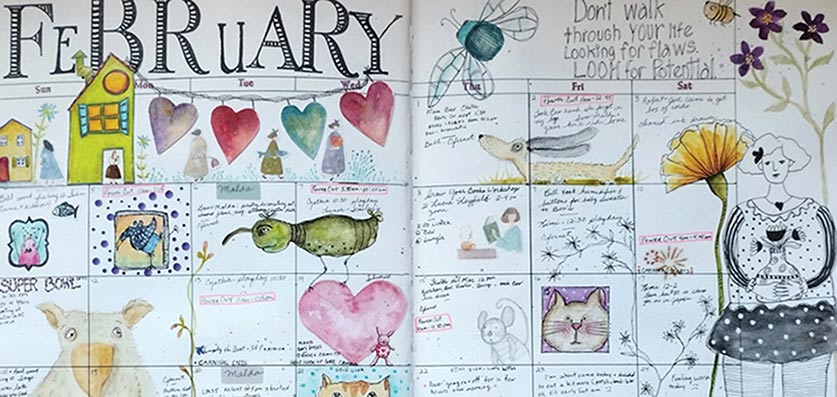 A February calendar with stamped images and note for each day