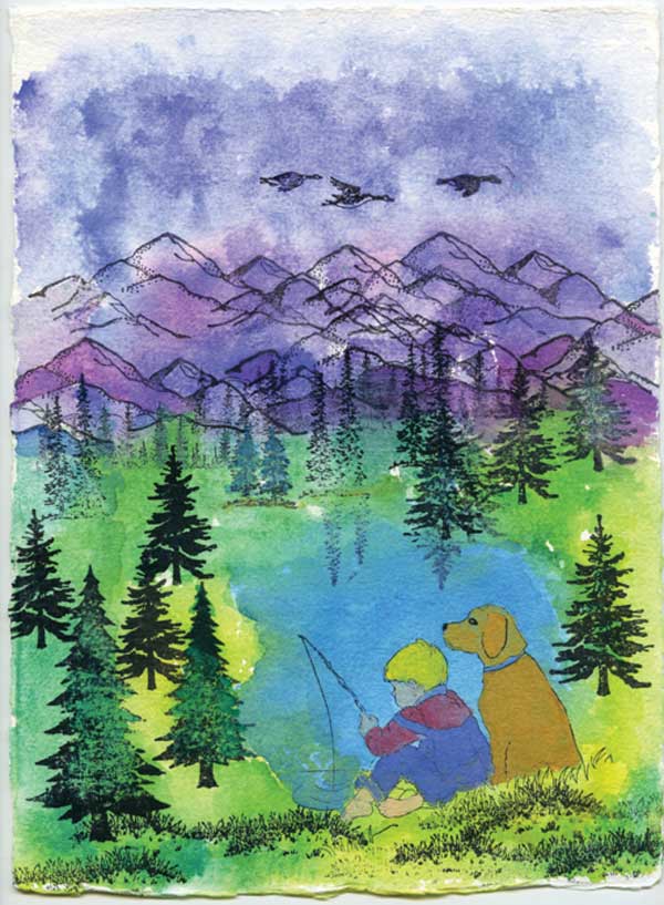 Watercolor boy and his dog fishing in a pond with purple mountains in the background