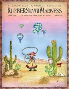 RSM Cover. A stamped woman with a lasso in between two cacti. Hot air balloons in the air and rocks, a steer skull, an owl and a horse in the landscape