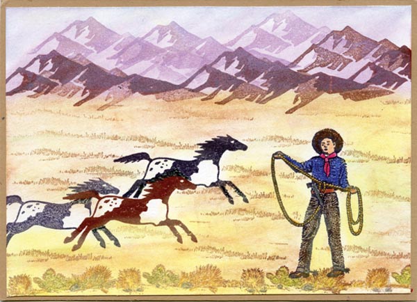 A cowboy with a lasso on the range with wild horses running toward him