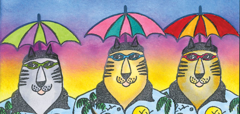 Three cats in palm tree shirts wearing colored umbrella hats