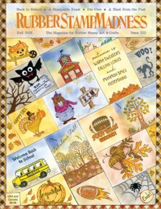 RSM Issue 233 Cover. Fall images, such as a school, a bat and a turkey displayed in a quilt pattern.