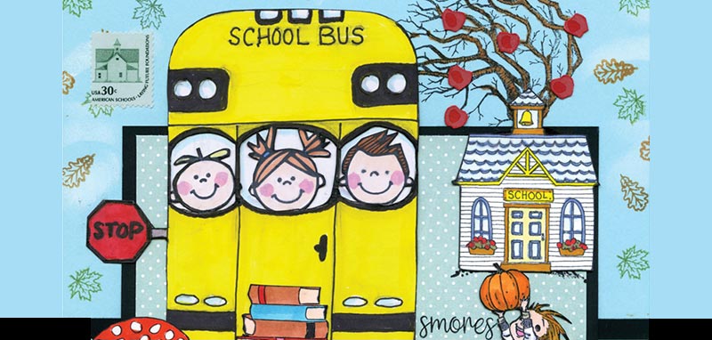 back of a cartoon school bus with children's faces in the window