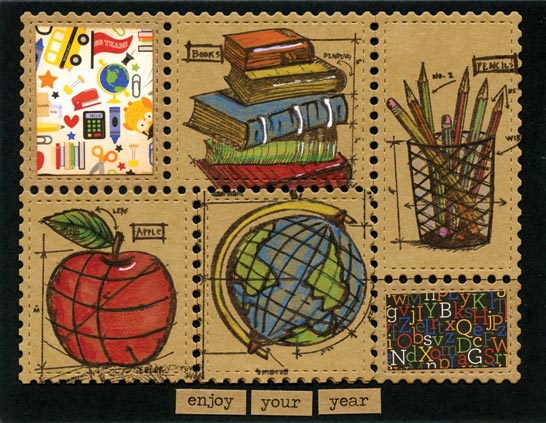 a postage stamp looking shape with back to school items on it. A notebook, a stack of books, a cup of pencils, an apple, a globe and chalkboard