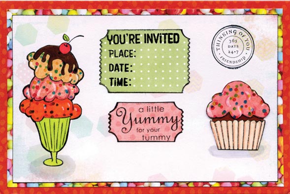 stamped ice cream cone with three scoops, a ticket and a cupcake with pink frosting
