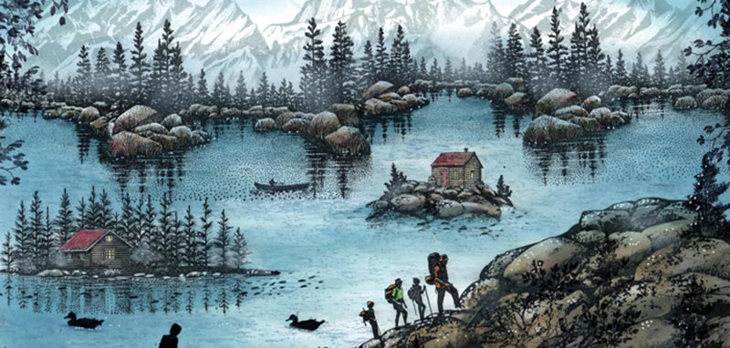 Hikers, hiking a mountain with a lake and snow capped mountains in the background