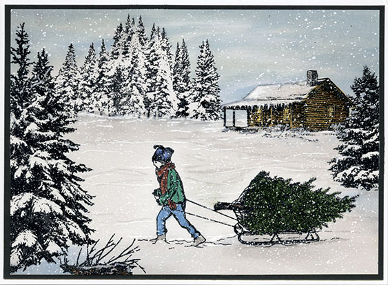 December-Home A boy walking in a snowy scene in the woods dragging a sled with a Christmas tree on it