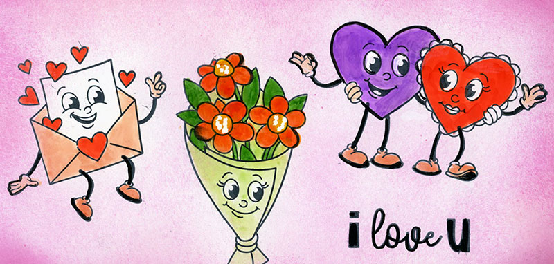 Two valentine hears, a valentine bouquet and a valentine card - all with cartoon faces