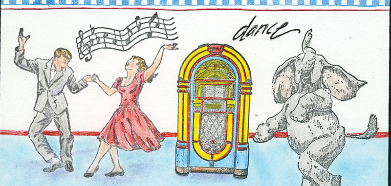 A woman a man and an elephant dancing to music from a jukebox