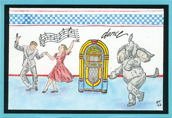 Odd-Couples A woman a man and an elephant dancing to music from a jukebox